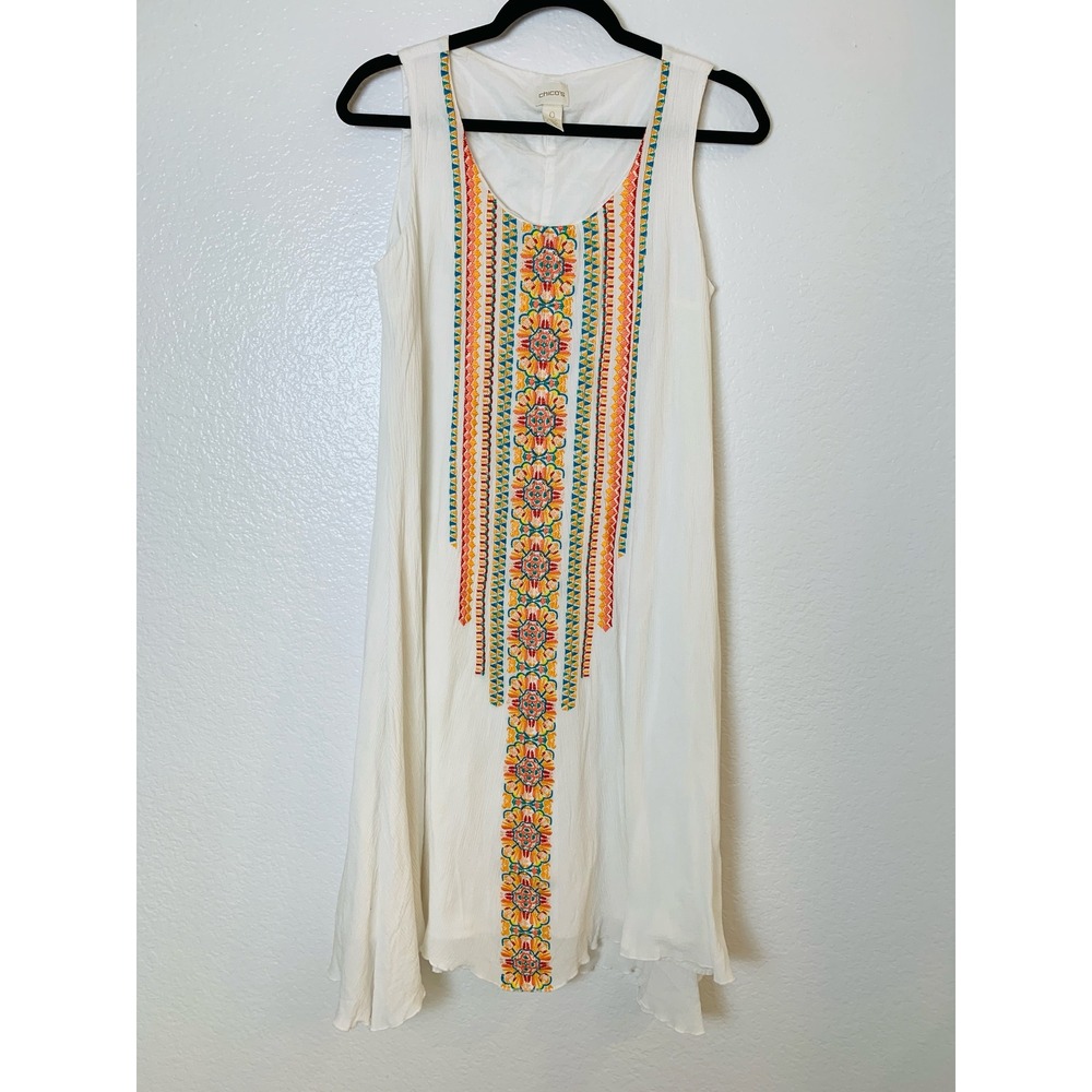 Chico's Embroidered Shift Dress Women S White Boho Festival Gauzy Rayon Lined